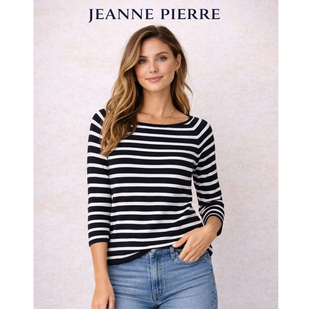 Jeanne Pierre Nautical Coastal Stripe Knit Black & White Size Small Boat Neck